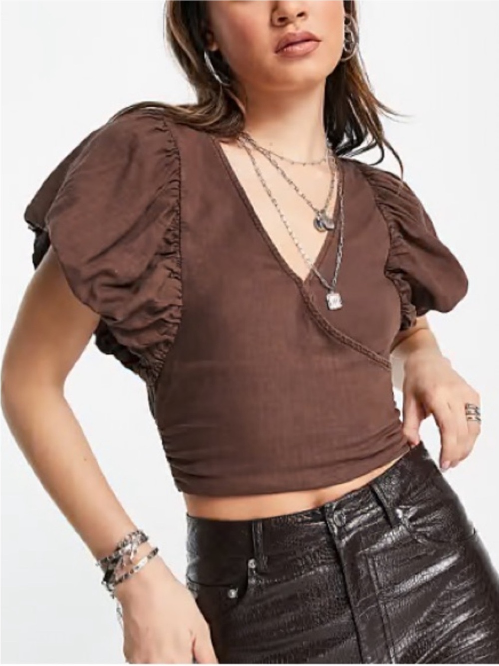 Free People Can’t Get Enough Wrap Puffed Sleeve Crop Top Fired Earth Brown Sz L